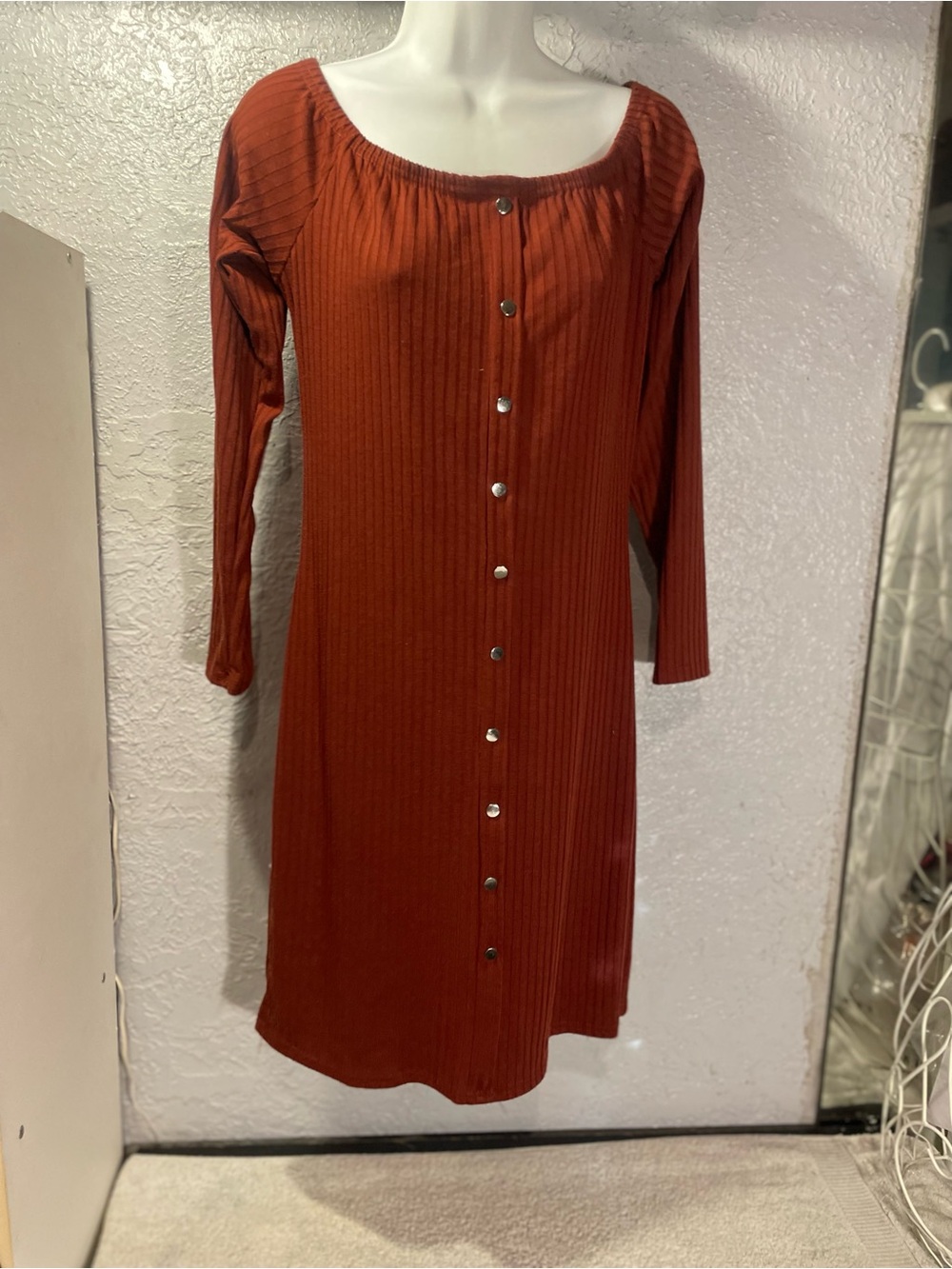 Button-Front Ribbed Long Sleeve Dress - Rust